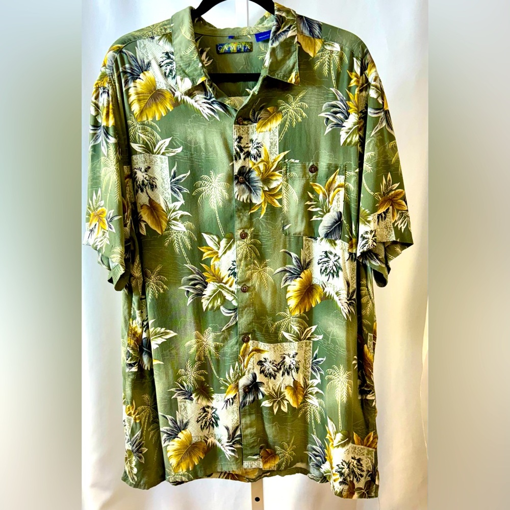 Campia 100% Rayon‎ Sage Green & Tan Tropical Hawaiian Print Men’s Shirt XXL